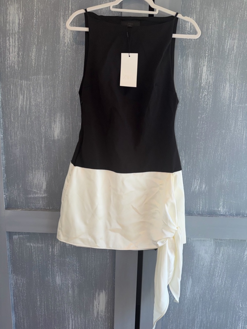 Zara Black & Ivory Asymmetrical Draped Mini Dress Size M NWT - Picture 3 of 7